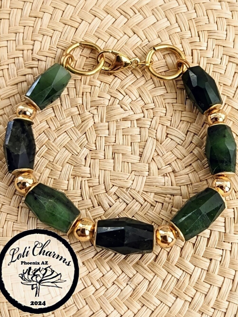 Genuine Green Jade In Gold Beaded Bracelet